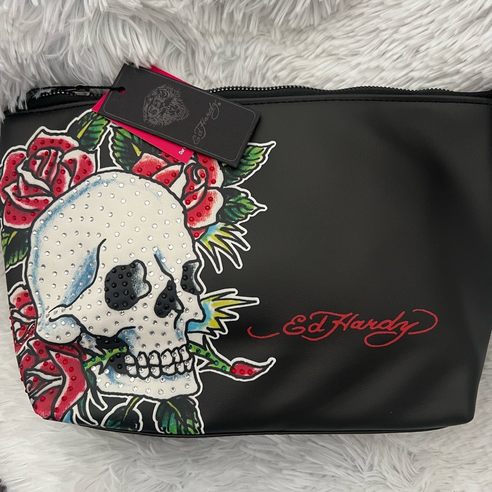 Ed Hardy Black Cosmetic Bag with Skull and Roses